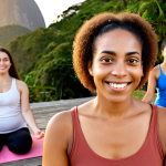 **

A young, smiling woman in her 30s leading a Hatha Yoga class outdoors in a park in Rio de Janeiro. The sun is setting, casting a warm glow on the scene. Students are diverse, representing different ages and body types. She is demonstrating a gentle pose, with the Sugarloaf Mountain faintly visible in the background. The overall feel is peaceful, inviting, and authentically Brazilian.

**