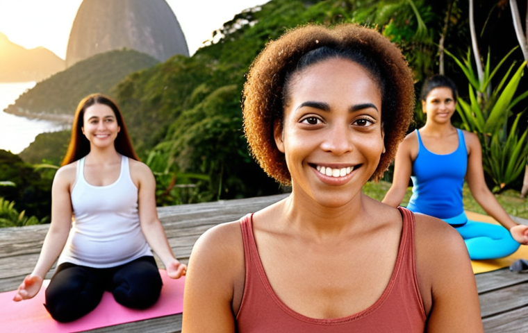 **
A young, smiling woman in her 30s leading a Hatha Yoga class outdoors in a park in Rio de Janeiro. The sun is setting, casting a warm glow on the scene. Students are diverse, representing different ages and body types. She is demonstrating a gentle pose, with the Sugarloaf Mountain faintly visible in the background. The overall feel is peaceful, inviting, and authentically Brazilian.
**