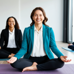 **

A smiling woman in professional attire (blazer, modest blouse, trousers) is leading a corporate wellness workshop. Several employees are seated on yoga mats, fully clothed, participating in gentle stretching exercises. The background shows a modern office space with natural light. Emphasis on positive energy and a supportive atmosphere. Safe for work, appropriate content, professional, family-friendly, perfect anatomy, natural proportions, well-formed hands, proper finger count.

**
