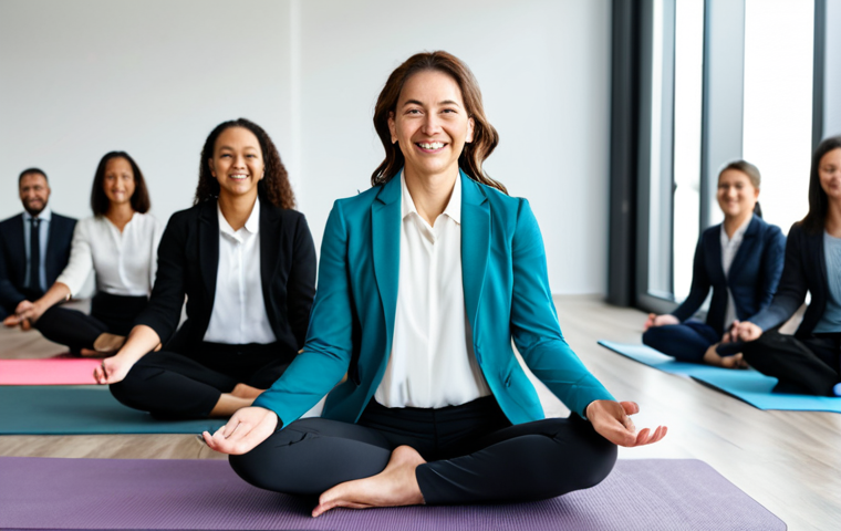 **
A smiling woman in professional attire (blazer, modest blouse, trousers) is leading a corporate wellness workshop. Several employees are seated on yoga mats, fully clothed, participating in gentle stretching exercises. The background shows a modern office space with natural light. Emphasis on positive energy and a supportive atmosphere. Safe for work, appropriate content, professional, family-friendly, perfect anatomy, natural proportions, well-formed hands, proper finger count.
**