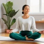 Home 21 요가강사와 심리학 - **Prompt:** A tranquil and cozy indoor scene featuring a female yoga instructor in her late 30s. She...