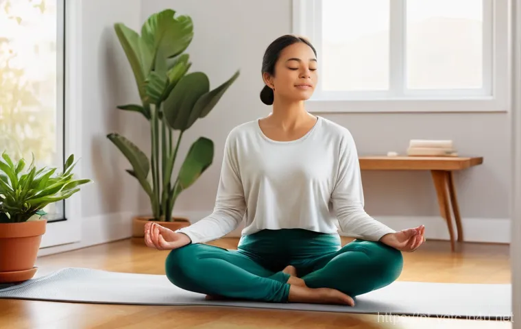 요가강사와 심리학 - **Prompt:** A tranquil and cozy indoor scene featuring a female yoga instructor in her late 30s. She...