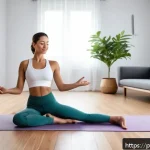 Home 20 요가강사 수업 촬영 팁 - A serene indoor yoga recording setup featuring soft natural daylight streaming through a large windo...