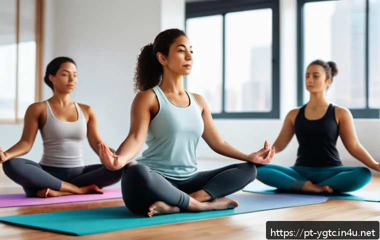 요가강사 경력 쌓는 방법 - A serene yoga instructor teaching a diverse group of adult students in a bright, modern studio with ...