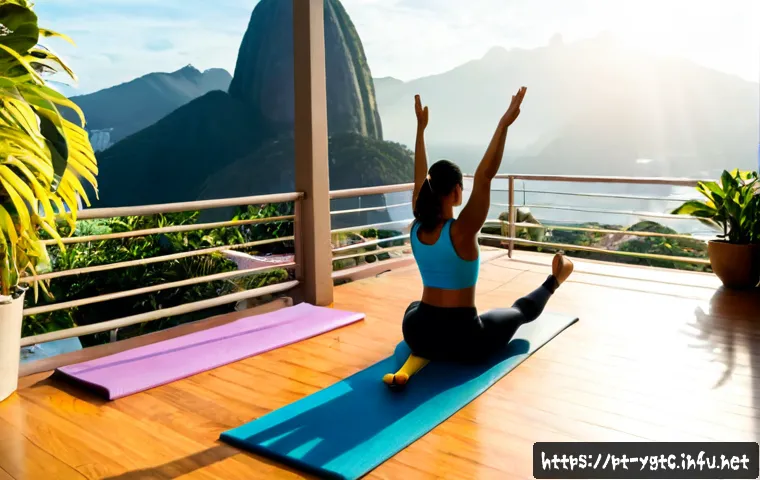 요가강사와 라이프스타일 - Photorealistic lifestyle scene of a friendly Brazilian yoga instructor in modest fitted activewear g...